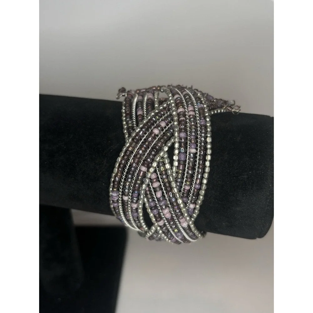 Purple Glass Bead Memory Wire Cuff Bracelet Silver Tone Wide Boho Statement